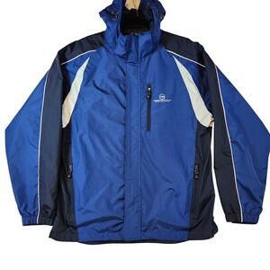 Free Country Mens Blue Colorblock Hooded Windbreaker Jacket Water Resistant L